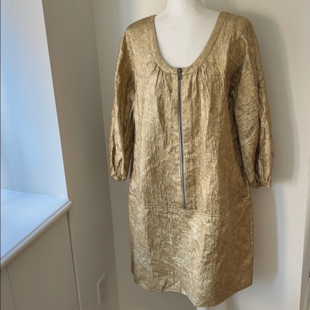 Vera Wang silk/linen gold brocade zip up dress